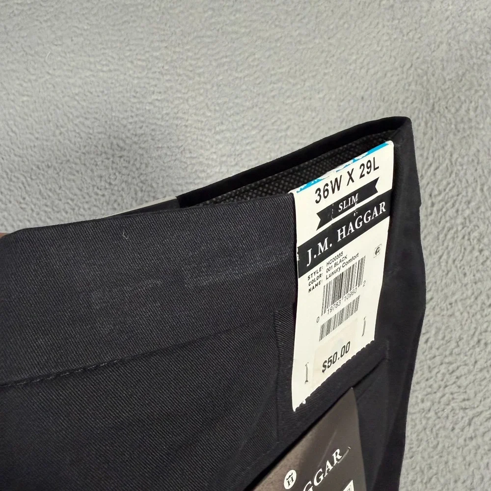 Haggar Pants Mens 36x29 Black Slim Fit Flat Front Casual Slacks Trousers Stretch